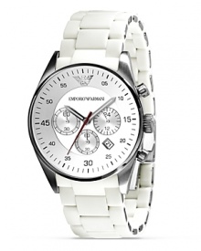 From Emporio Armani, a white chronograph watch with round dial and three eyes. White ceramic strap, sweep secondhand.