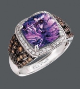 Splash your fingers with a playful pop of color. This stunning Le Vian ring features a square-cut amethyst (3-1/2 ct. t.w.) surrounded by a halo of white diamonds (1/6 ct. t.w.) and rows of chocolate diamonds (1/3 ct. t.w.) at the shoulders. Crafted in 14k white gold. Size 7.