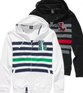 Casually cool. Stripes add distinctive strettwear style to this hoodie from LRG.