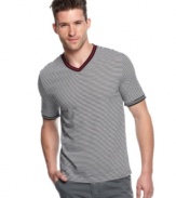 Soften your edge with the smooth style of this v-neck striped t-shirt from Sons of Intrigue.