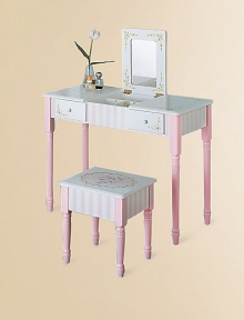 From the Bouquet Collection. A delightful addition to your little girl's room, this hand-painted vanity table and stool will inspire hours of imaginative play.Fold-down mirror with compartments Two drawers Vanity: 34½W X 25½H X 15D Stool: 15W X 12H X 14¼D Constructed of MDF Imported Recommended for ages 3 and up Please note: Some assembly may be required. 