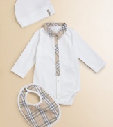 A classic cotton knit bodysuit, bib and hat accented with a soft-toned classic check pattern.Shirt collarLong sleevesButton-down placketBottom snapsCottonMachine washImported Please note: Number of snaps may vary depending on size ordered. 