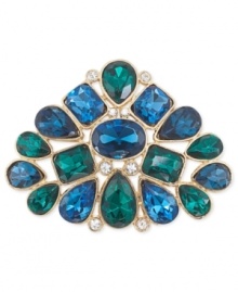 Cause-worthy cluster. Carolee's 40th Anniversary stone cluster pin, crafted from gold-tone mixed metal, shines with an array of glass stones. Approximate height: 1-3/4 inches. Approximate width: 2-1/2 inches.