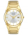 An exquisite watch from Bulova, with refined everyday features in glistening goldtone. Goldtone stainless steel bracelet and round case. Round white dial with logo, date window and stick indices. Quartz movement. Water resistant to 30 meters. Three-year limited warranty.