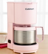 Wake up to pink in the morning and make your day brighter from the start. This compact and handy coffee maker fits snugly on your countertop and features a stainless steel carafe with dripless pour spout and knuckle guard. Three-year limited warranty. Model DCC-450.