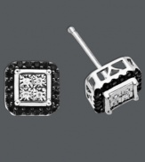 Contrasting sparkle that's contemporary and chic. Crafted in sterling silver, these square-shaped stud earrings highlight round-cut black diamonds  (1/5 ct. t.w.) and white diamond accents. Approximate diameter: 2/5 inch.