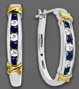 Classic elegance. Round-cut blue sapphires (1/4 ct. t.w.) and white sapphires (1/4 ct. t.w.) add sparkling emphasis to a stylish pair of hoop earrings. Crafted in sterling silver and 14k gold. Approximate diameter: 3/4 inch.