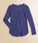 Fresh stripes on cozy waffle knit gets a little extra shaping from soft pleats at the neckline and a gracefully curved hem.Scoop neckline with soft center pleatsSolid shoulder insetsLong sleevesCurved hemPolyester/cotton/micromodalMachine washImported