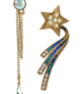 Shining star and stud. This pair of mismatch earrings from Betsey Johnson comes together in harmony. Crafted from antique gold-tone mixed metal with an array of glass accents, the stud and cuff-closure earrings offer a touch of eclectic elegance. Approximate drop, stud with linear chains: 2-1/4 inches; star with cuff: 1-1/4 inches.