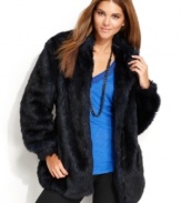 Snuggle into this faux-fur coat by DKNY Jeans. In an unexpected deep blue, it's right-on trend for fall.