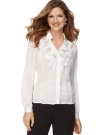 Pretty pindots and a ruffled neckline make this Tahari by ASL shirt the perfect layer to peek out from a jacket or blazer!