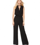 A notched neckline adds graphic edge to this Vince Camuto jumpsuit that's oh-so on trend for spring!