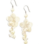 Floral etiquette. Sweet clusters of cultured freshwater pearls (6-7 mm), cultured Mother of Pearl (5-9/10 mm) and sparkling crystals form a pretty floral shape. Set in sterling silver. Approximate drop: 2 inches.