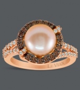 A hint of sweet sophistication. Le Vian's beautiful ring highlights a pink cultured freshwater pearl (9-10 mm) encircled by chocolate diamonds (1/3 ct. t.w.) with white diamonds at the shoulders and corners (1/4 ct. t.w.). Crafted in 14k rose gold.