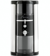 Break out of your morning slump with 17 grind settings, from espresso-fine to percolator-coarse, that make precision blends a breeze and deliver that flavor burst you crave in the AM. The insulated lid keeps wraps on the sound, boasting the lowest amount of noise in its class, so your kitchen can be an oasis of calm, and while you relax in the flavorful aromas, simply use the included spiral brush for a quick clean up-no ground left behind! 1-year limited warranty. Model 585.05.