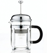 Truly a classic, this original French press brings sleek style to your countertop and satisfies your senses with wildly aromatic and incredibly indulgent brews.  The durable chrome finish, heat-resistant glass beaker and stainless steel filter and plunger come together to make a deeper, richer, more satisfying blend than you've ever experienced. 1-year warranty.