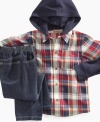 Outdoor play is fun and comfy in this cozy hooded shirt and jeans set from Kids Headquarters.