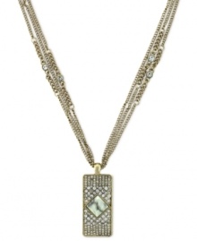 String together the perfect look with this multi-chain necklace from Jessica Simpson. A rectangular pendant is embellished with pave crystal accents. Finished with a lobster clasp closure. Crafted in antiqued gold tone mixed metal. Approximate length: 18 inches. Approximate drop: 1-3/4 inches.