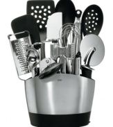 Nothing can come between you and a well-prepared meal with this extensive kitchen tools set. The brushed metal utensil holder features 14 different OXO grating, scooping and stirring essentials made with comfortable non-slip handles and heat-resistant nylon.