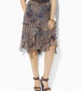 A bold paisley print lends earthy elegance to Lauren by Ralph Lauren's breezy skirt, crafted in airy crinkled silk georgette with a romantic froth of ruffles for a flirty, feminine silhouette.