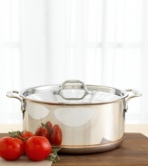 Make a mean portion of chili or hearty stew with this 8-quart stock pot! It offers superb heat conductivity and distribution.  You won't get hot spots, so food cooks evenly. Stainless steel exterior layer with a band of copper for superior heat conductivity. The saucier has a copper core surrounded by two layers of aluminum and a stainless steel cooking surface. Polished stainless steel handles stay cool during cooking and are secured with sturdy, non-corrosive rivets. Stainless steel lid fits flush to pan so you can seal in the food's flavor. Hand washing is recommended. Lifetime warranty.