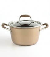 With a unique tapered design and brilliant bronze-hued style, Anolon's hard-anodized stock pot is outfitted for prime performance and beautiful stovetop presence. Along with an exclusive nonstick coating, it creates the perfect environment for cooks of all skill levels. Limited lifetime warranty.