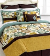 Reminiscent of vintage prints and colors, the Melrose comforter set features a bold, exotic floral motif drenched in turquoise, brown and yellow hues. Pieces are accented with delicate embroidered and pleated details for a statement-making look in the bedroom.