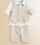 Your little man will look all grown up in this sophisticated set that includes a classic vest, striped shirt and matching pants for a polished ensemble. Vest V-neckSleevelessButton front Shirt Shirt collarLong sleevesButton front Pants Elastic waistbandShirt & Vest: CottonPants: 78% cotton/22% linenMachine washImported Please note: Number of buttons may vary depending on size ordered. 