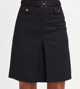 Nautical chic defined in a stretch wool twill A-line style with a braided belt and anchor-embossed button pockets.Wide waistband with belt loops Braided buckle belt Inverted center front pleat Back zipper About 20 long 95% wool/5% spandex; dry clean Imported