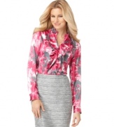 Add a punchy pop of color to slim skirts with this blouse from Jones New York! It features a mottled floral print and a soft satin finish for a feminine touch.