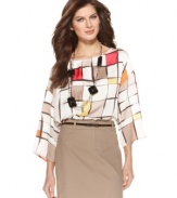 Hip to be square: Ellen Tracy's blouse features of-the-moment kimono sleeves and a graphic square print. Dress it up with a skirt, or dress it down with cropped jeans!