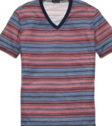 Add some variety to your v-neck. This multi-striped t-shirt from Sons of Intrigue will fit your sun-ready style to a tee.