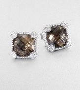 From the Linen Collection. A faceted cushion of richly hued smoky quartz sits within a gleaming setting of sterling silver with heart-shaped accents of white sapphires at the corners of this lovely stud design.Smoky quartzWhite sapphireSterling silverAbout .33 squarePost backImported