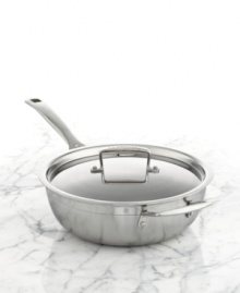 Sloped sides and a rounded base make this chef's pan your go-to for reducing sauces, heating leftovers and making sure that no ingredients get trapped in tricky corners. This versatile essential boasts a triple-layer design that sandwiches a pure aluminum core between two high-performance layers of stainless steel for quick, even heating that powers masterful meals each & every time. Lifetime warranty.