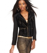 A textured panel adds and asymmetrical zipper adds stylish flair to this chic MM Couture motorcycle jacket!