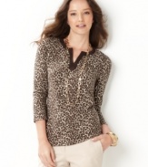 Embrace your wild side in Charter Club's three-quarter sleeve top-- it's a perfect partner with your causal bottoms.