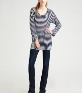 Allover stripes pop on easy modal-silk with long cuffed sleeves. Crewneck Cuffed sleeves About 32 from shoulder to hem One size fits most 90% modal/10% polyester; dry clean Made in USA Additional Information Women's Premier Designer & Contemporary Size Guide 