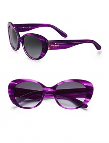 Retro-inspired acetate frames in playful prints and chic, wide temples. Available in black-cream with grey gradient lens or purple with grey gradient lens. Logo temples100% UV protectionImported