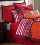 Make a bold statement in any room with this Trilogy comforter set, featuring an alluring array of colors and patterns. A brilliant red, pink and orange palette, distinctive stripes and luxe textures come together for a new take on modern.