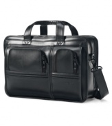 Meet your business associate-a smart leather exterior sets the tone for you itinerary, while a fully-stocked interior, with padded laptop compartment, keeps tabs on all of your technology & accessories. A padded, removable shoulder strap adjusts for comfort and the convenient SmartSleeve easily slides over handles of uprights for quick transport.