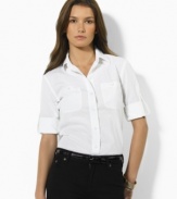 This crisp cotton shirt crafted for an exquisitely tailored fit features convertible sleeves, from Lauren Jeans Co.