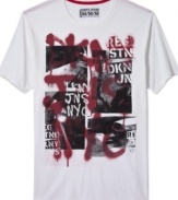 DKNY Jeans tags a graphic T-shirt with a gritty cityscape and graffiti-style graphics.