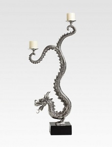 A stunning two-candle design featuring an exotic swirling dragon motif in hand-cast aluminum with hand-applied antiquing.8¾W X 22¼H X 4DBrass, aluminum and woodImported