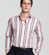 Boasting fine stripes in bold hues and a sleek, slim fit, this dashing Salvatore Ferragamo sport shirt is modern take on the classic style.