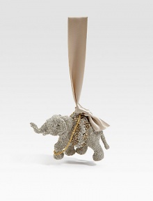 Shimmering glass glitter, bead and chain accents, and a satin ribbon loop lend an irresistably festive appeal to this elephant ornament.Satin ribbon loopGlass glitterChain and beaded trim4 X 2.5 X 1.5Handmade in USA