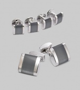 A luxury set that appoints a formal look with polished style, defined by fiber-optic glass band detail in rhodium-plated metal. Set includes 2 cuff links and 4 matching shirt studs Cuff links: about ¾ square Shirt studs: about ¼ square Imported 