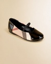 An elastic strap keeps her little feet in place in this stylish pair of patent leather flats with iconic nova check design.Slip-on with elastic strap77% PVC/23% cotton upperLeather liningSynthetic solePadded insoleImported