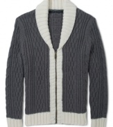 Cozy cable knit and cool contrasting color details make this Sean John cardigan a handsome pick.