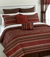 Line up. Horizontal stripes with luxe leaf embroidery render a sophisticated look for your space in this Brookside comforter set. A earthy red and brown palette and an expansive collection of components finish the look.