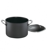 Serve up the tantalizing mix of hearty flavors and unbelievable aromas of your favorite stews and soups straight from this heavy-duty stock pot, which features a hard-anodized construction, long-lasting nonstick finish and incredible dishwasher-safe durability, an unbelievable combination that makes cooking a complete pleasure. Lifetime warranty.